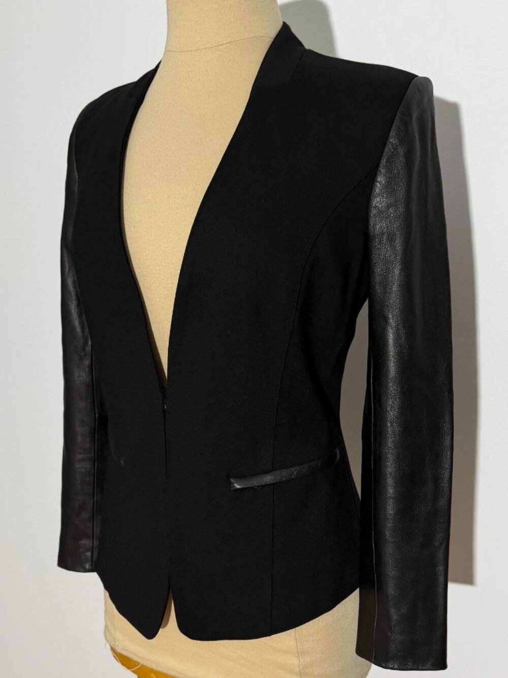 Danier Black Mixed-Media Open Blazer Leather Sleeves
